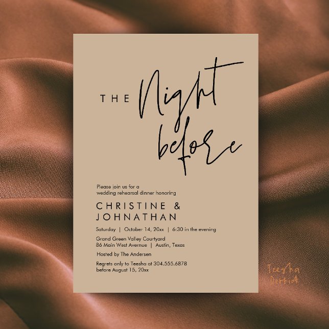 Invitation La Nuit Avant, Dîner de Répétition de Mariage Casu (The Night Before, Casual Wedding Rehearsal Dinner Invitation Card in Brown Tan Kraft)