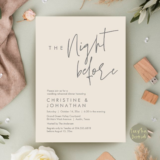 Invitation La Nuit Avant, Dîner de Répétition de Mariage Casu (The Night Before, Casual Wedding Rehearsal Dinner Invitation Card in Cream and Grey)