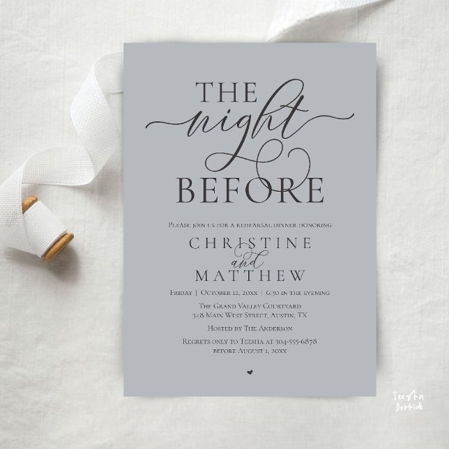 Invitation La Nuit Avant, Dîner de Répétition de Mariage Chic (The Night Before, Classy Wedding Rehearsal Dinner Invitation Card in Chill Grey Charcoal)