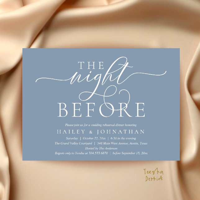 Invitation La Nuit Avant, Dîner de Répétition de Mariage Chic (The Night Before, Classy Wedding Rehearsal Dinner Invitation Card in Dusty Blue)
