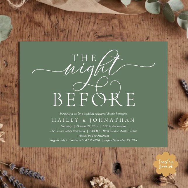 Invitation La Nuit Avant, Dîner de Répétition de Mariage Chic (The Night Before, Classy Wedding Rehearsal Dinner Invitation Card in Sage Green)