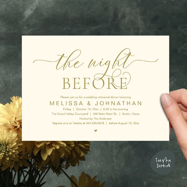 Invitation La Nuit Avant, Dîner de Répétition de Mariage Chic (The Night Before, Classy Wedding Rehearsal Dinner Invitation card PDF Modern aesthetic Yellow Gold)