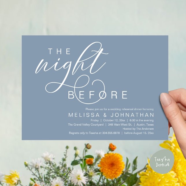Invitation La Nuit Avant, Dîner de Répétition de Mariage Chic (The Night Before, Classy Romantic Wedding Rehearsal Dinner Invitation Card PDF Modern Dusty Blue)
