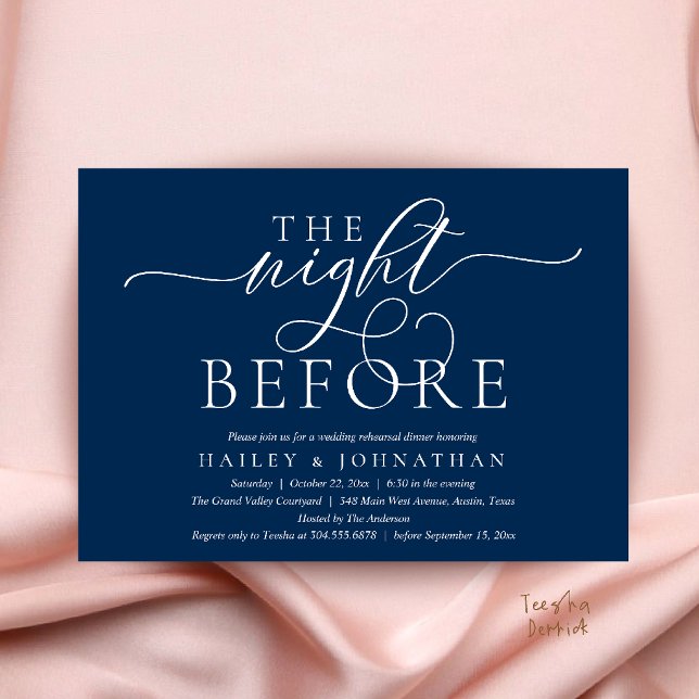 Invitation La Nuit Avant, Dîner de Répétition de Mariage Élég (The Night Before, Classy Wedding Rehearsal Dinner Invitation Card in Navy Blue)