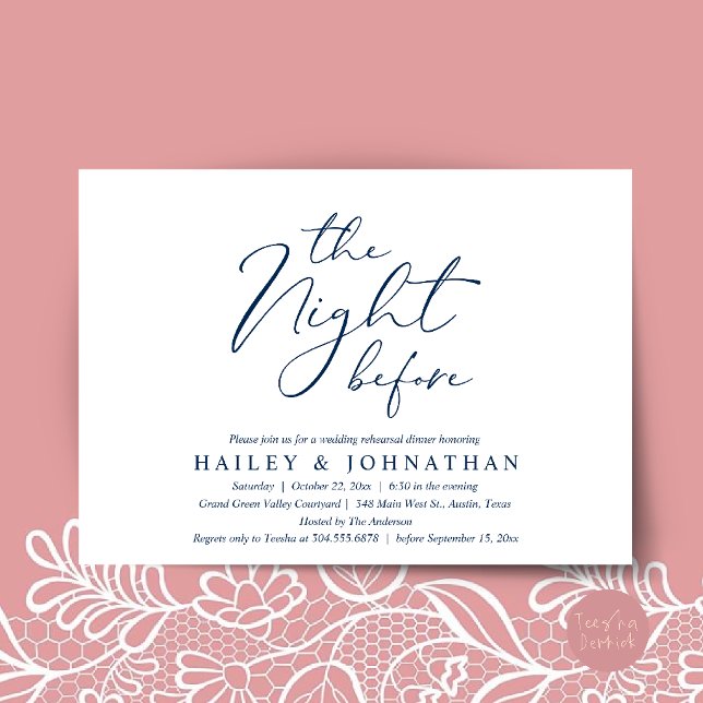 Invitation La Nuit Avant, Dîner de Répétition de Mariage Mode (The Night Before, Modern Romantic Wedding Rehearsal Dinner Invitation Card in Navy Blue)