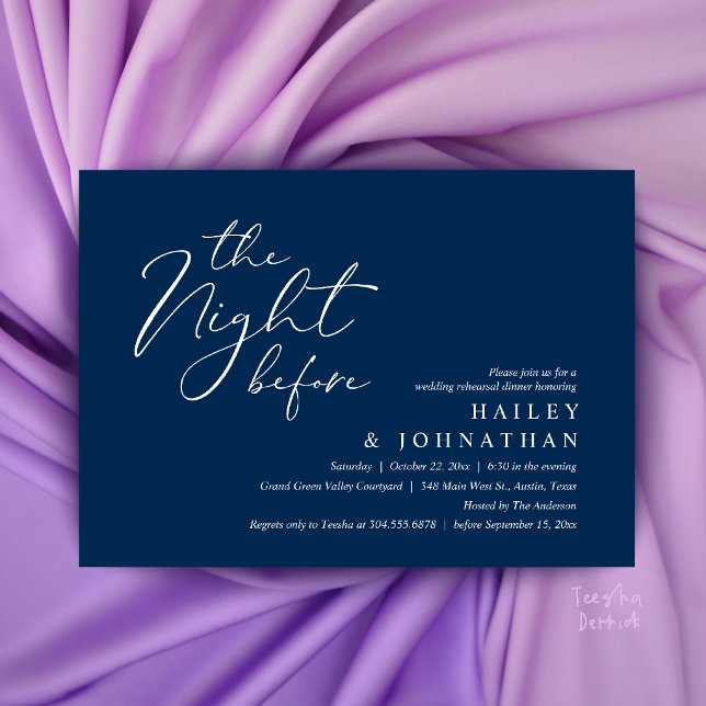 Invitation La Nuit Avant, Dîner de Répétition de Mariage Mode (The Night Before, Modern Romantic Wedding Rehearsal Dinner Invitation Card in Navy Blue)
