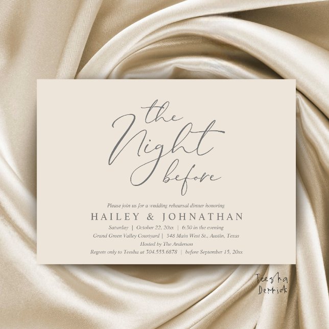 Invitation La Nuit Avant, Dîner de Répétition de Mariage Mode (The Night Before, Modern Romantic Wedding Rehearsal Dinner Invite Card in Cream Grey)
