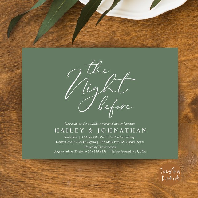 Invitation La Nuit Avant, Dîner de Répétition de Mariage Mode (The Night Before, Modern Romantic Wedding Rehearsal Dinner Invitation Card in Sage Green)