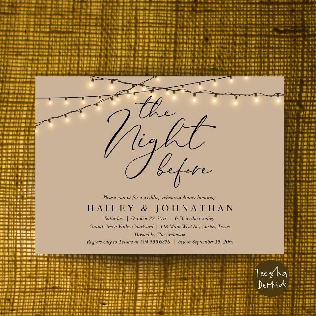 Invitation La Nuit Avant, Dîner de Répétition de Mariage Mode (The Night Before, Modern Romantic Wedding Rehearsal Dinner Invite Card in String Lights Brown Tan)
