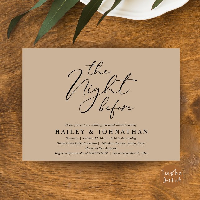 Invitation La Nuit Avant, Dîner de Répétition de Mariage Mode (The Night Before, Modern Romantic Wedding Rehearsal Dinner Invite Card in Brown Tan)