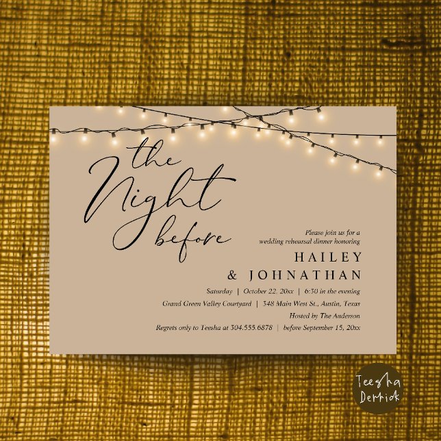 Invitation La Nuit Avant, Dîner de Répétition de Mariage Mode (The Night Before, Modern Romantic Wedding Rehearsal Dinner Invite Card in String Lights Brown Tan)