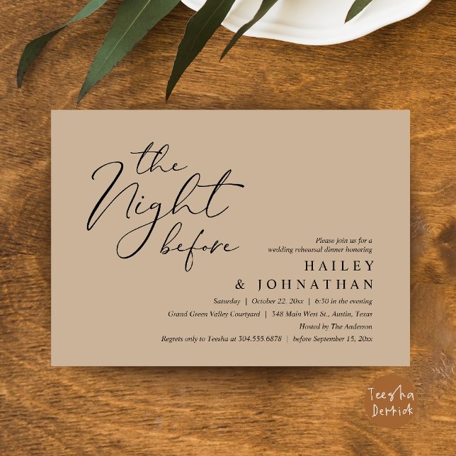 Invitation La Nuit Avant, Dîner de Répétition de Mariage Mode (The Night Before, Modern Romantic Wedding Rehearsal Dinner Invite Card in Brown Tan)