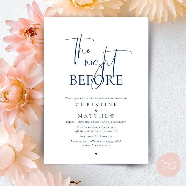 Invitation La Nuit Avant, Dîner de Répétition de Mariage Mode (The Night Before, Modern Wedding Rehearsal Dinner Invitation Card in Navy Blue)