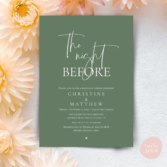 Invitation La Nuit Avant, Dîner de Répétition de Mariage Mode (The Night Before, Modern Wedding Rehearsal Dinner Invitation Card in Sage Green)