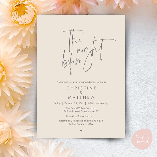 Invitation La Nuit Avant, Dîner de Répétition de Mariage Mode (The Night Before, Modern Wedding Rehearsal Dinner Invitation Card in Cream Grey)