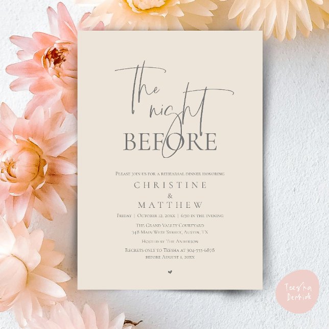 Invitation La Nuit Avant, Dîner de Répétition de Mariage Mode (The Night Before, Modern Wedding Rehearsal Dinner Invitation Card in Cream Grey)