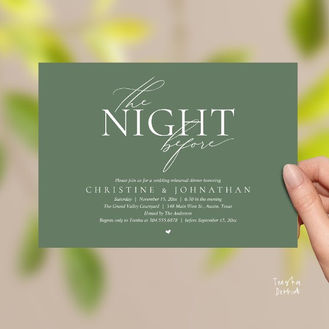 Invitation La Nuit Avant, Dîner de Répétition de Mariage Mode (The Night Before, Modern Wedding Rehearsal Dinner Invitation Card in Sage Green)