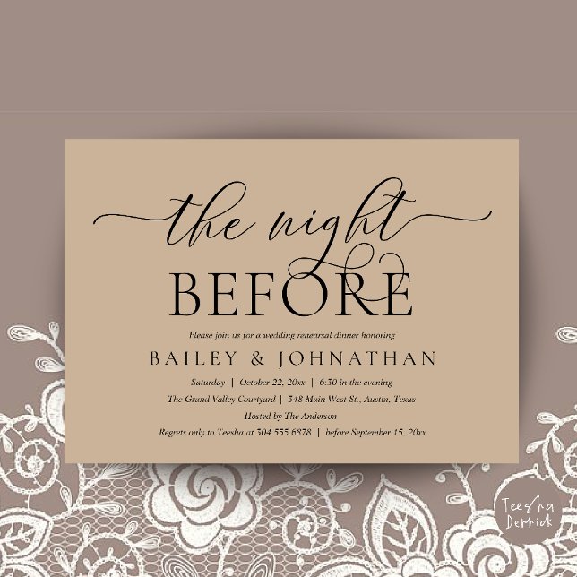 Invitation La Nuit Avant, Dîner de Répétition de Mariage Mode (Modern Wedding Rehearsal Dinner, The Night Before Invitation Card in Black and Tan Brown)