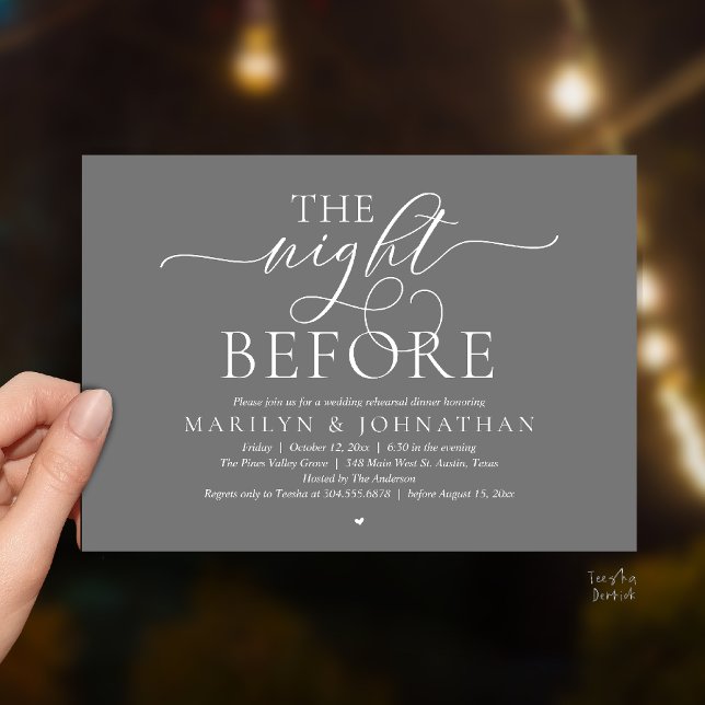 Invitation La Nuit Avant, Dîner de Répétition de Mariage Mode (The Night Before, Modern Romantic Classy Wedding Rehearsal Dinner Invitation Card in dark grey)