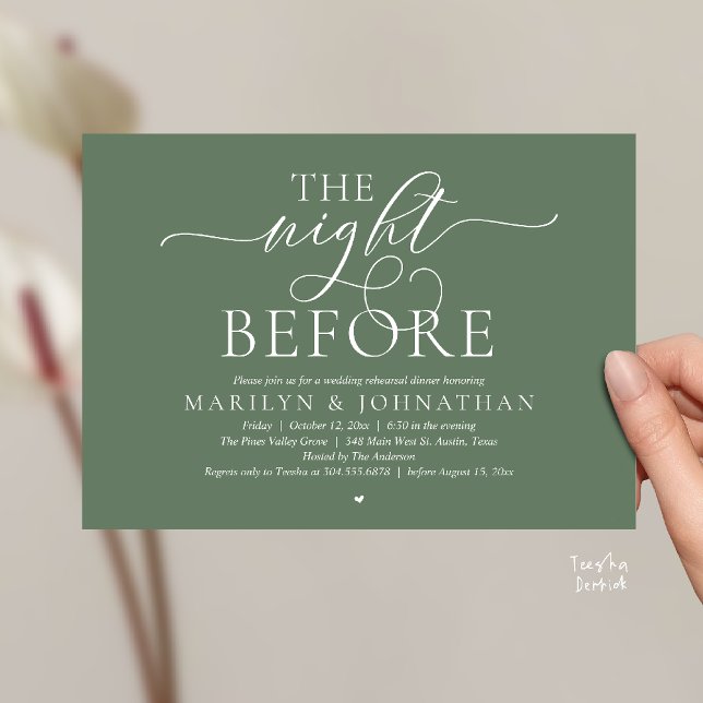 Invitation La Nuit Avant, Dîner de Répétition de Mariage Mode (The Night Before, Modern Romantic Classy Wedding Rehearsal Dinner Invitation Card in sage green)