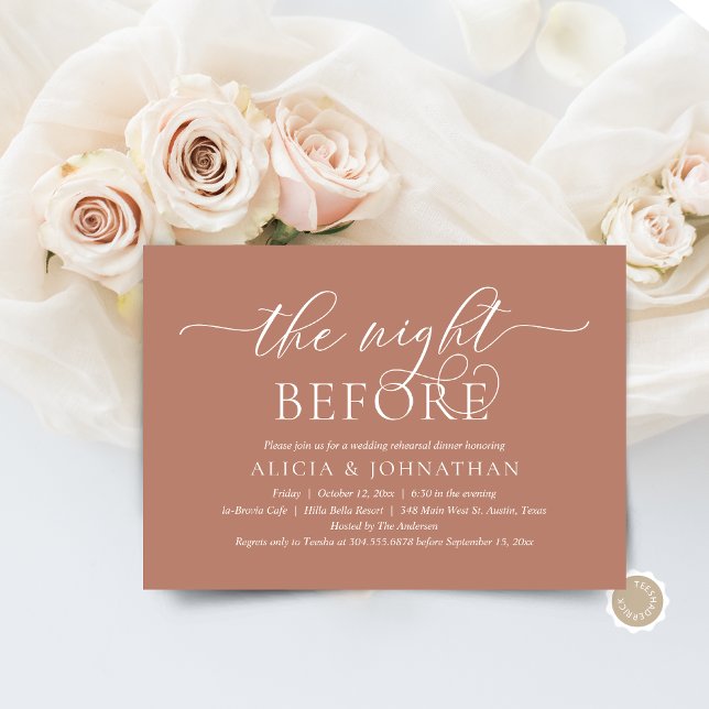 Invitation La Nuit Avant, Dîner de Répétition de Mariage Mode (The Night Before, Wedding Rehearsal Dinner Invitation Card, in Modern Contemporary Terracotta Earthy)