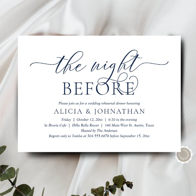 Invitation La Nuit Avant, Dîner de Répétition de Mariage Mode (The Night Before, Wedding Rehearsal Dinner Invitation Card, in Modern Contemporary Classy Navy Blue)