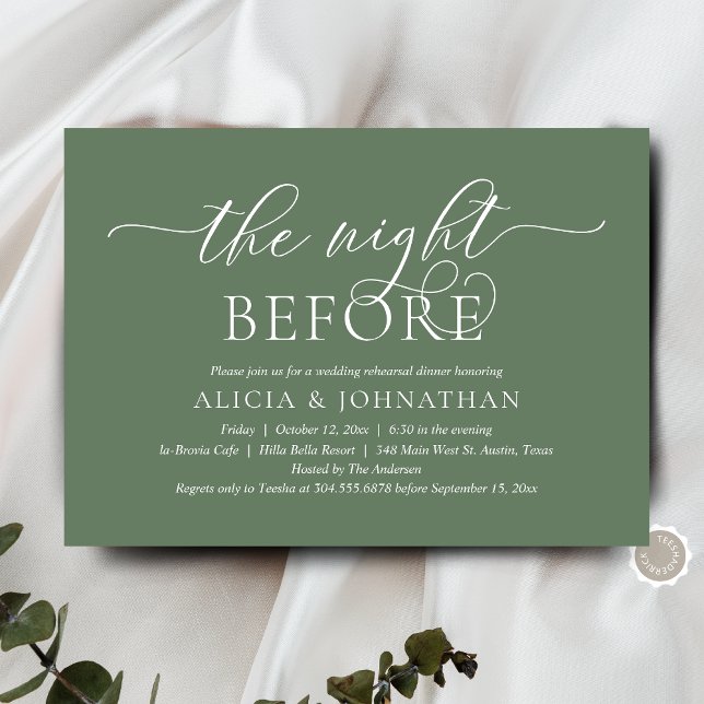 Invitation La Nuit Avant, Dîner de Répétition de Mariage Mode (The Night Before, Wedding Rehearsal Dinner Invitation Card, in Modern Rustic Sage Green Greenery)