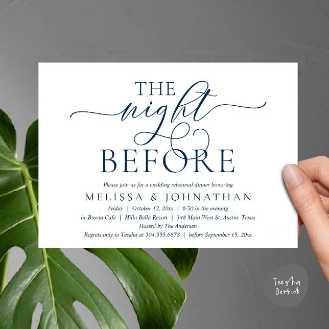 Invitation La Nuit Avant, Dîner de Répétition de Mariage Mode (The Night Before, Modern Wedding Rehearsal Dinner Party Invitation Card, PDF, Navy Blue)