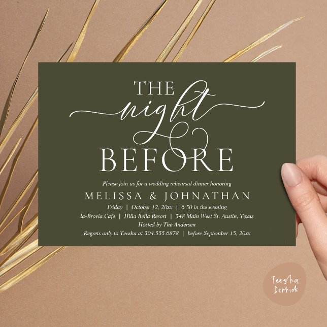 Invitation La Nuit Avant, Dîner de Répétition de Mariage Mode (The Night Before, Modern Wedding Rehearsal Dinner Party Invitation Card, PDF, Olive Green)