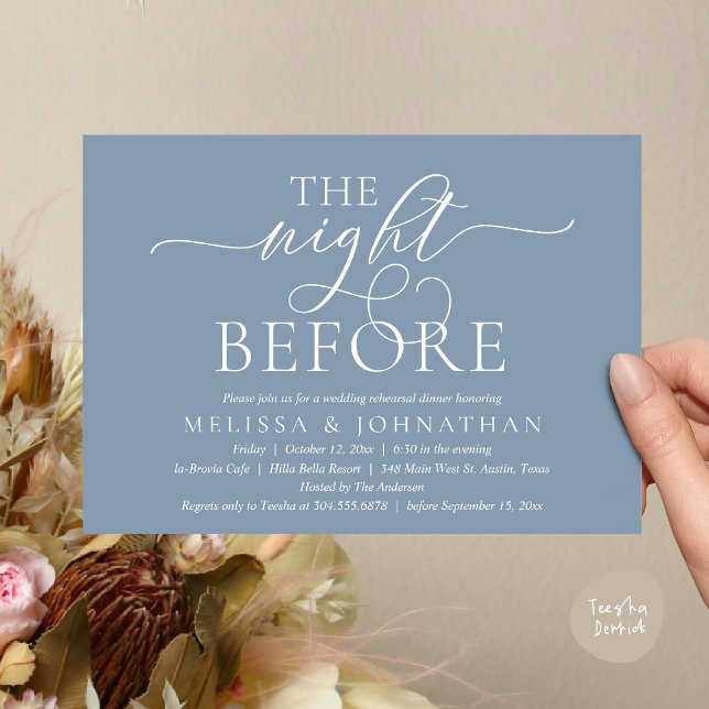 Invitation La Nuit Avant, Dîner de Répétition de Mariage Mode (The Night Before, Modern Wedding Rehearsal Dinner Party Invitation Card, PDF, Dusty Blue)