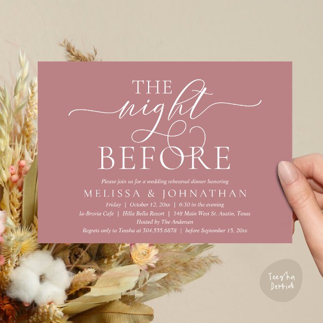 Invitation La Nuit Avant, Dîner de Répétition de Mariage Mode (The Night Before, Modern Wedding Rehearsal Dinner Party Invitation Card, PDF, Dusty Rose Pink)