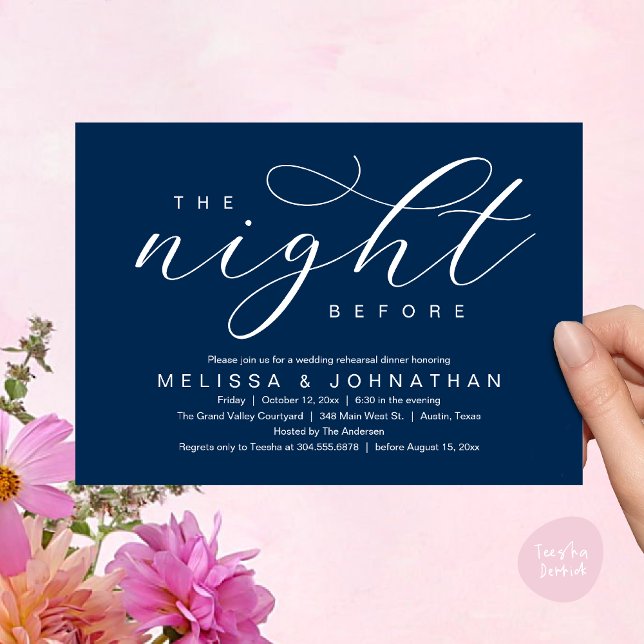Invitation La Nuit Avant, Dîner de Répétition de Mariage Mode (The Night Before, Classy Modern Wedding Rehearsal Dinner Invitation Card PDF Navy Blue)
