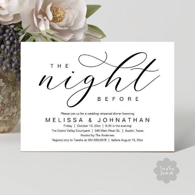 Invitation La Nuit Avant, Dîner de Répétition de Mariage Mode (The Night Before, Classy Modern Wedding Rehearsal Dinner Invitation Card PDF Black White)
