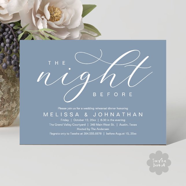 Invitation La Nuit Avant, Dîner de Répétition de Mariage Mode (The Night Before, Classy Modern Wedding Rehearsal Dinner Invitation Card PDF Aesthetic Dusty Blue)