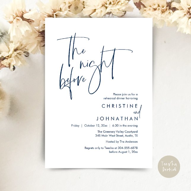 Invitation La Nuit Avant, Dîner de Répétition Moderne et Déco (The Night Before, Modern Wedding Rehearsal Dinner Invitation Card in Navy Blue)