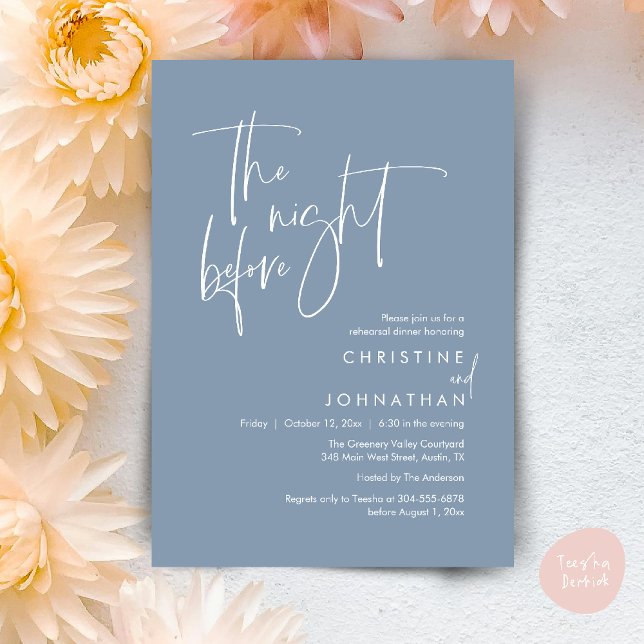 Invitation La Nuit Avant, Dîner de Répétition Moderne et Déco (The Night Before, Modern Wedding Rehearsal Dinner Invitation Card in Dusty Blue)