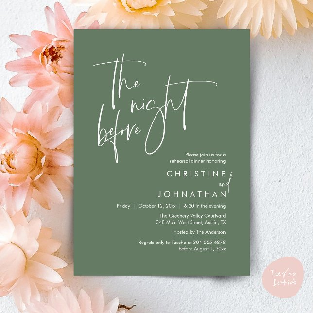 Invitation La Nuit Avant, Dîner de Répétition Moderne et Déco (The Night Before, Modern Wedding Rehearsal Dinner Invitation Card in Sage Green)