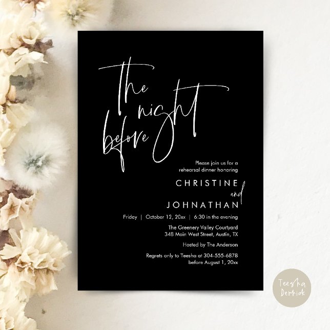 Invitation La Nuit Avant, Dîner de Répétition Moderne et Déco (The Night Before, Modern Wedding Rehearsal Dinner Invitation Card in Black White)