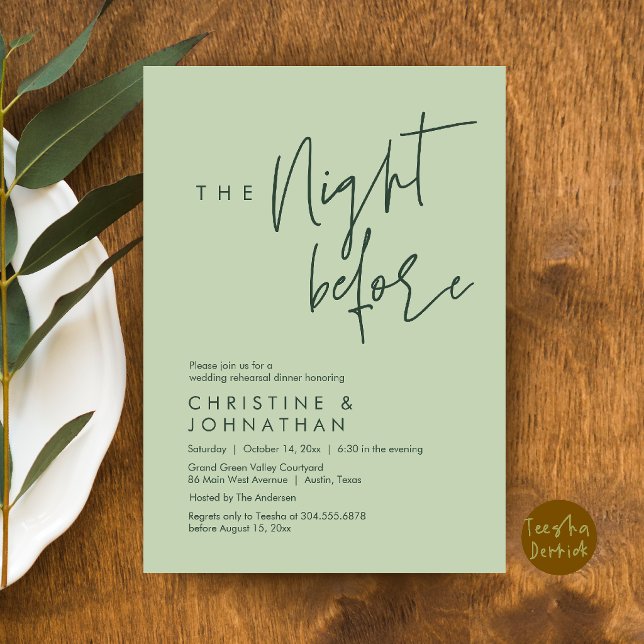 Invitation La Nuit Avant, Dîner Décontracté de Répétition de  (The Night Before, Casual Wedding Rehearsal Dinner Invitation Card in Eucalyptus Sage Forest Green)