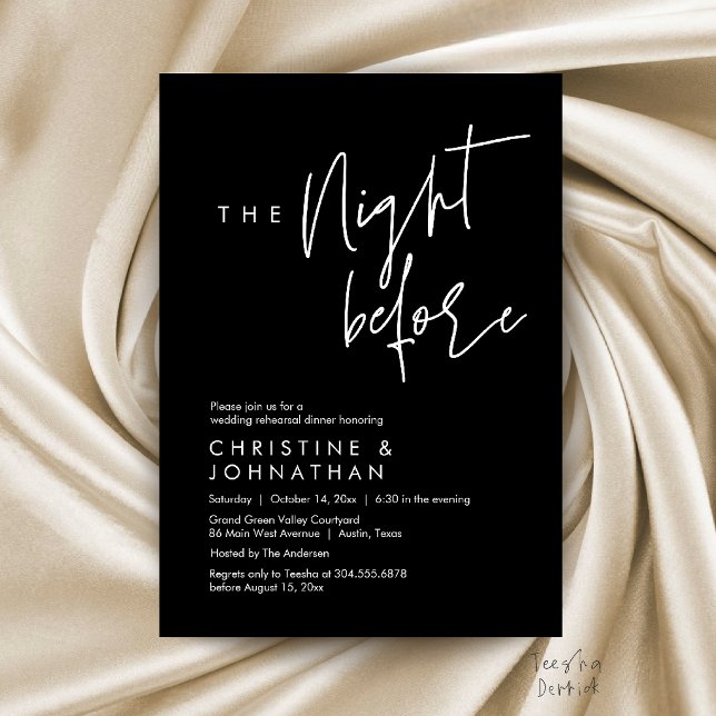 Invitation La Nuit Avant, Dîner Décontracté de Répétition de  (The Night Before, Casual Wedding Rehearsal Dinner Invitation Card in Black and White)