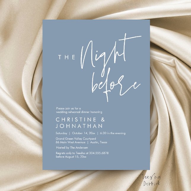 Invitation La Nuit Avant, Dîner Décontracté de Répétition de  (The Night Before, Casual Wedding Rehearsal Dinner Invitation Card in Dusty Blue)