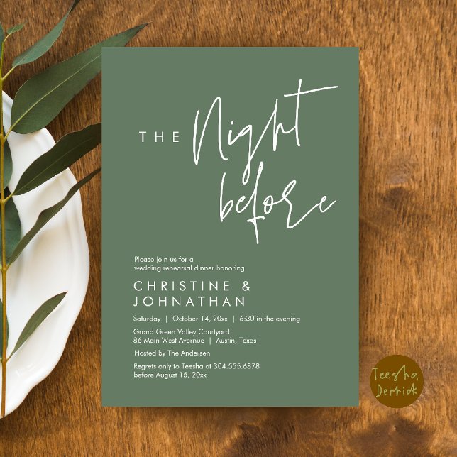 Invitation La Nuit Avant, Dîner Décontracté de Répétition de  (The Night Before, Casual Wedding Rehearsal Dinner Invitation Card in Sage Green)