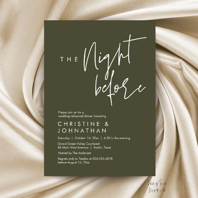 Invitation La Nuit Avant, Dîner Décontracté de Répétition de  (The Night Before, Casual Wedding Rehearsal Dinner Invitation Card in Olive Green)