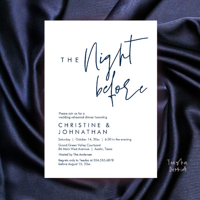 Invitation La Nuit Avant, Dîner Décontracté de Répétition de  (The Night Before, Casual Wedding Rehearsal Dinner Invitation Card in Navy Blue)