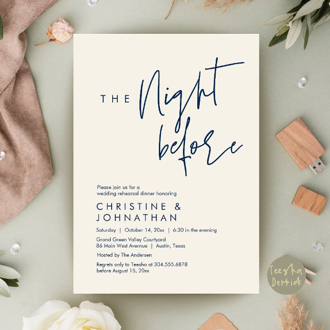 Invitation La Nuit Avant, Dîner Décontracté de Répétition de  (The Night Before, Casual Wedding Rehearsal Dinner Invitation Card in Navy Blue and Ivory)