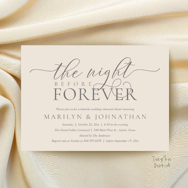 Invitation La Nuit Avant Forever, Dîner de Répétition Chic (The Night Before Forever, Classy Rehearsal Dinner Invitation Card in Cream and Grey)