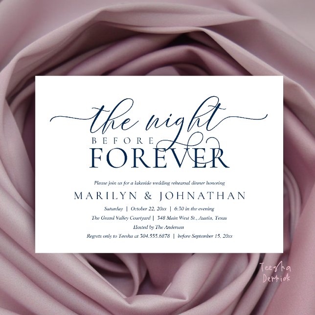 Invitation La Nuit Avant Forever, Dîner de Répétition Chic (The Night Before Forever, Classy Rehearsal Dinner Invitation Card in Navy Blue)