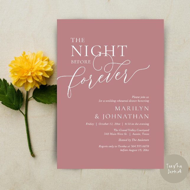Invitation La Nuit Avant Forever, Dîner de Répétition de Mari (The Night Before Forever Wedding Rehearsal Dinner Romantic Classy Invites Card PDF in Dusty Rose )