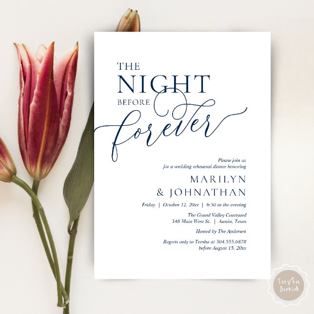 Invitation La Nuit Avant Forever, Dîner de Répétition de Mari (The Night Before Forever Wedding Rehearsal Dinner Romantic Classy Invites Card PDF in Navy Blue)