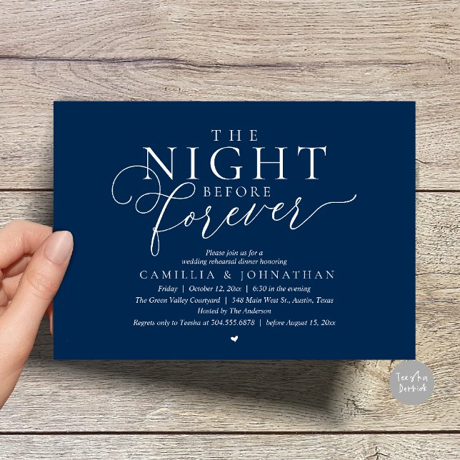Invitation “La Nuit Avant Forever” Dîner de Répétition Modern (“The Night Before Forever” Modern Classy Rehearsal Dinner Invitation card in Navy Blue)